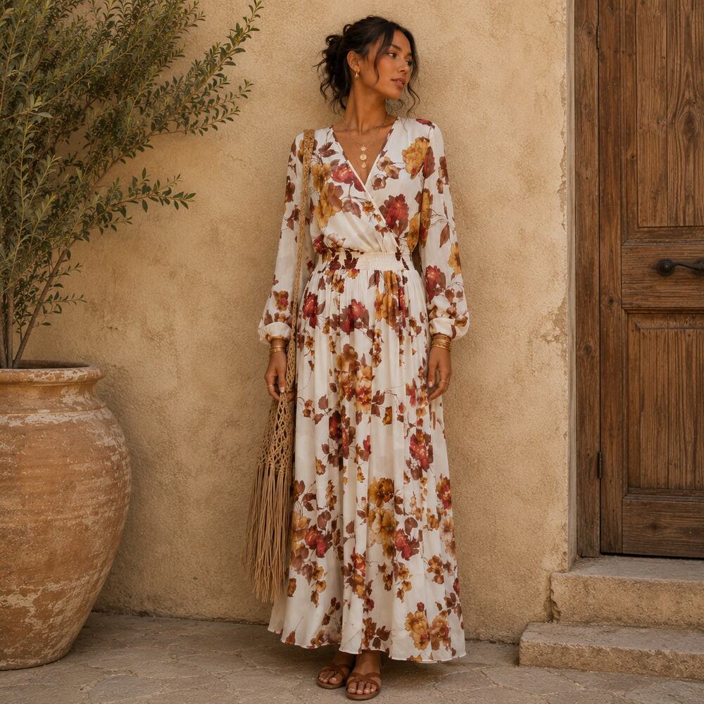 Alexa B Nites Maxi Dress Women's Size 8 Cream Brown Floral Gold Sparkle Sheer